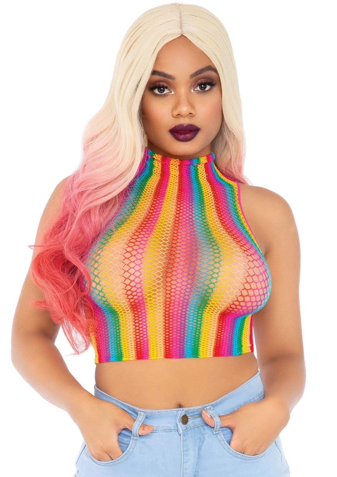 legavenue rainbow fishnet high neck crop top